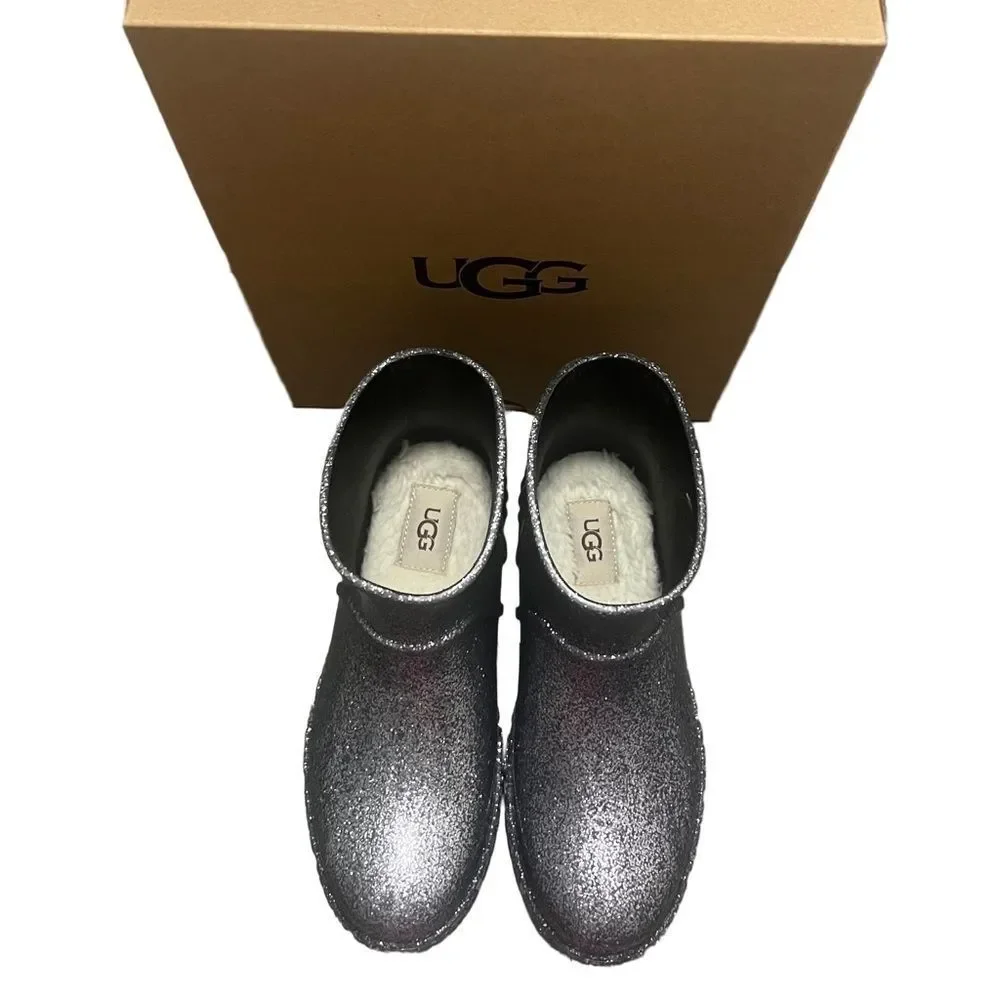 UGG Drizlita Glitter Ankle Rainboots Kids Sz 3 Gray PVC Upcycled Wool Waterproof